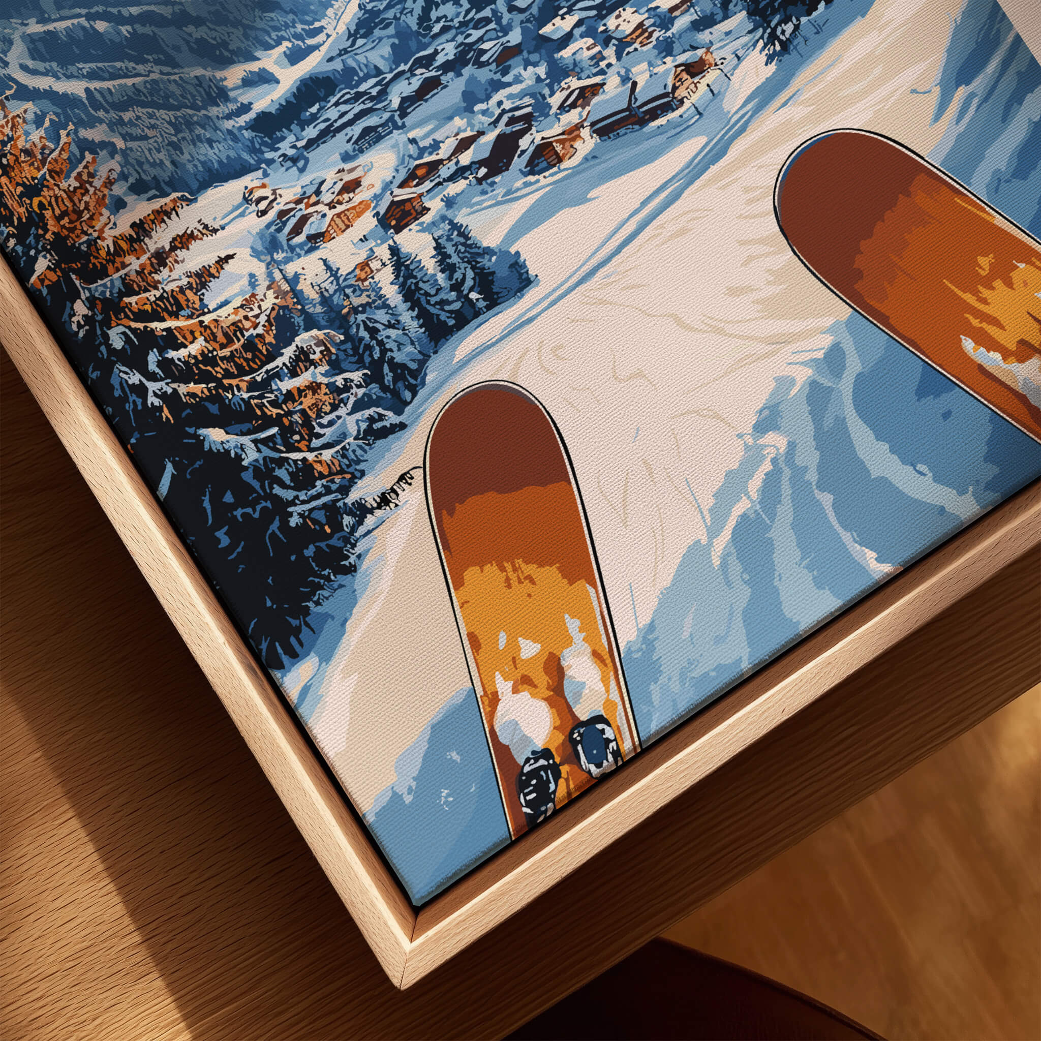 Grand Massif Ski Wall Art showcasing elegant design with snow-covered mountains and skis, perfect for home decor.