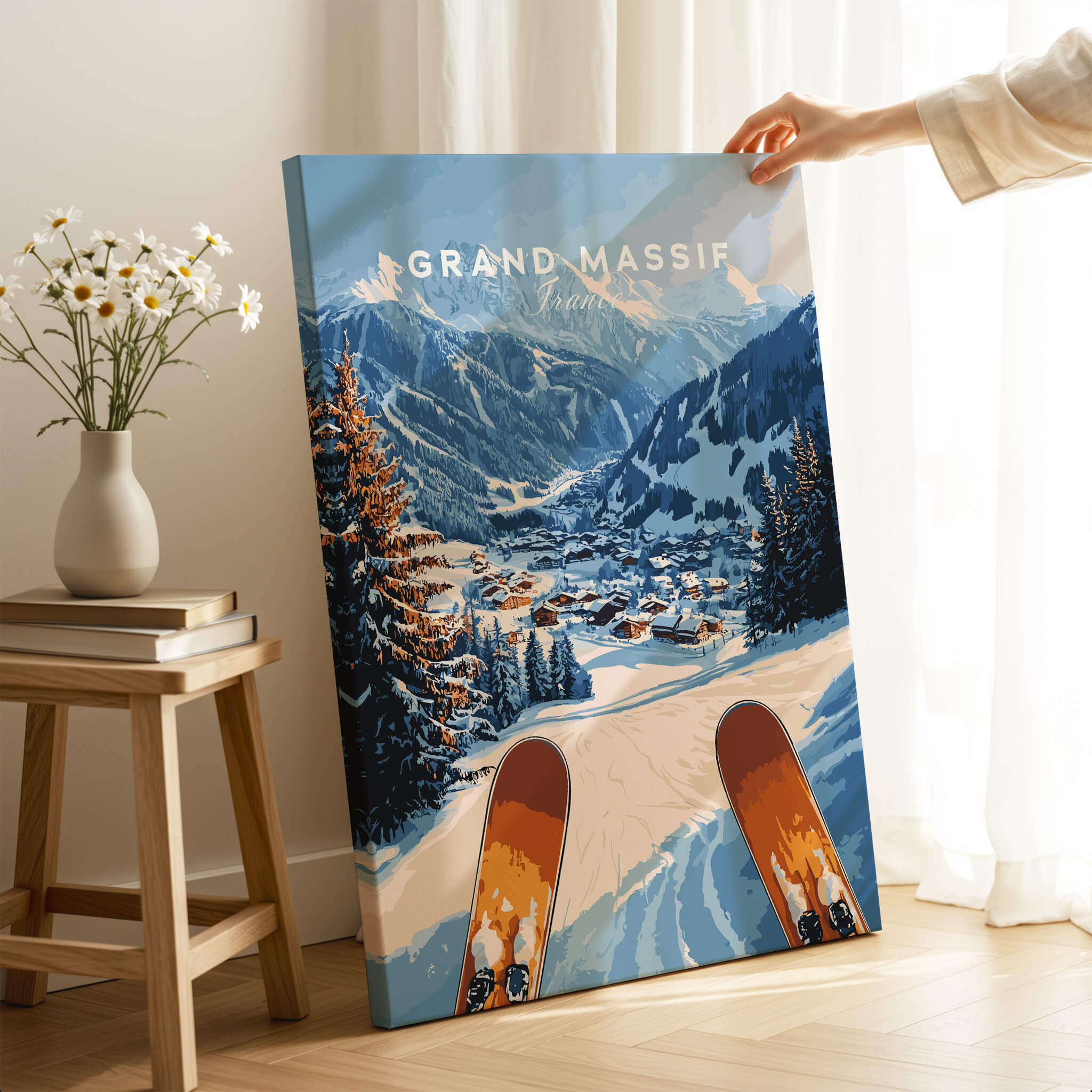 Grand Massif Ski Wall Art showcasing a beautiful mountain view with skis in the foreground, perfect for home decor.