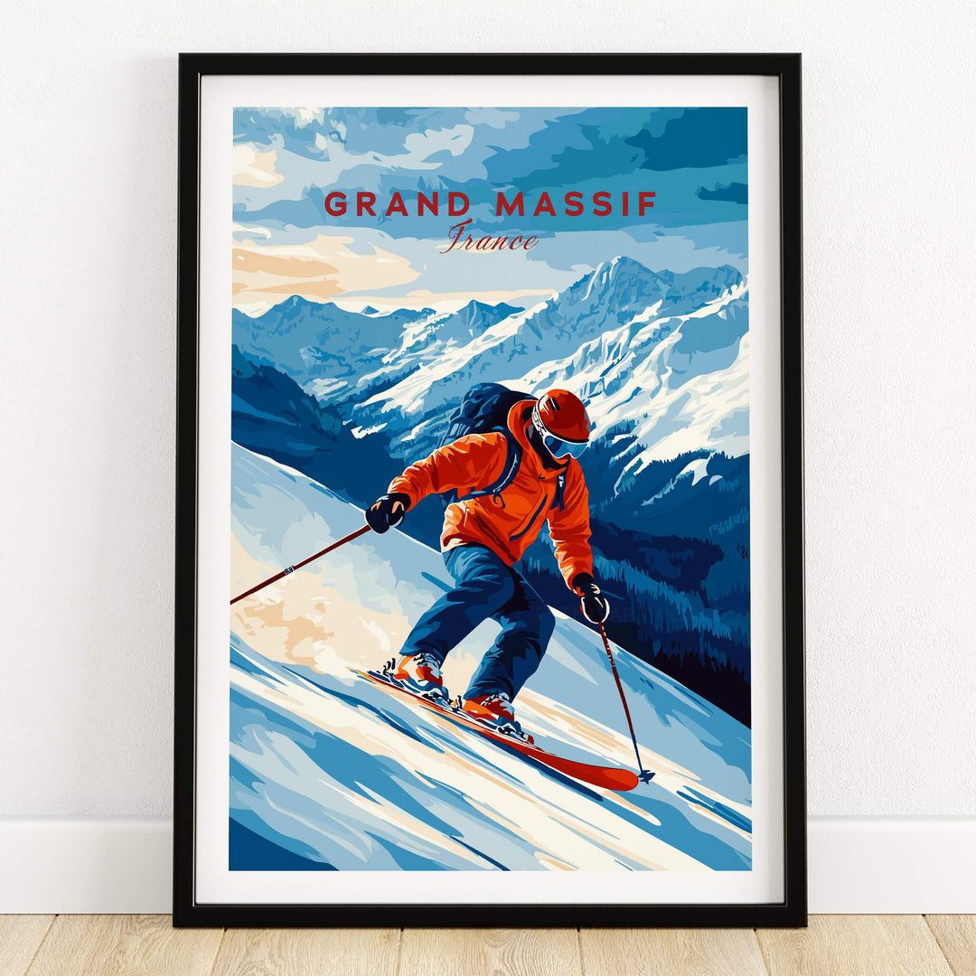 Ski Print Grand Massif France showcasing a skier racing down picturesque slopes in the stunning French Alps.