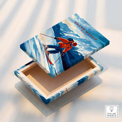 Ski Print Grand Massif France decorative box featuring skier against snow-capped mountains in vibrant colors.