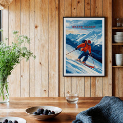 Ski Print Grand Massif France featuring a skier on picturesque slopes with mountain backdrop in a cozy decor.