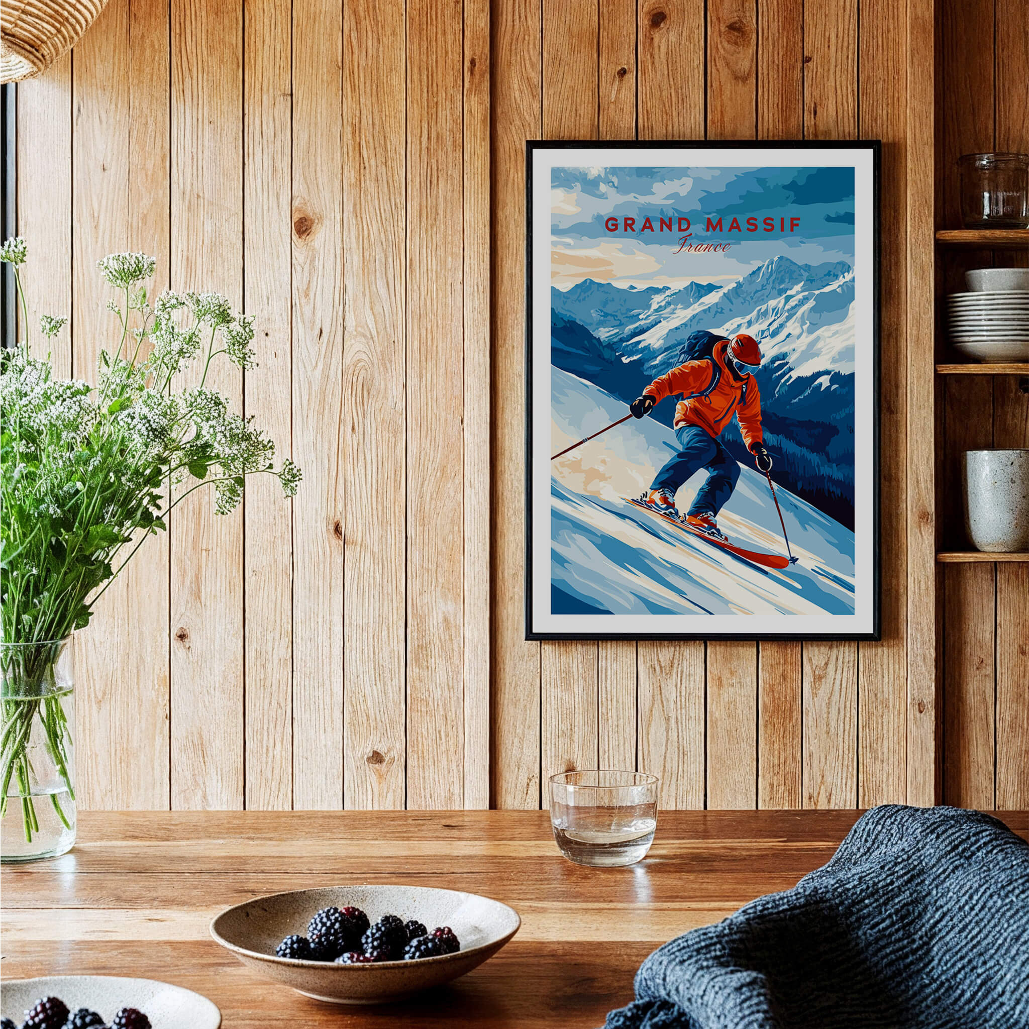 Ski Print Grand Massif France featuring a skier on picturesque slopes with mountain backdrop in a cozy decor.