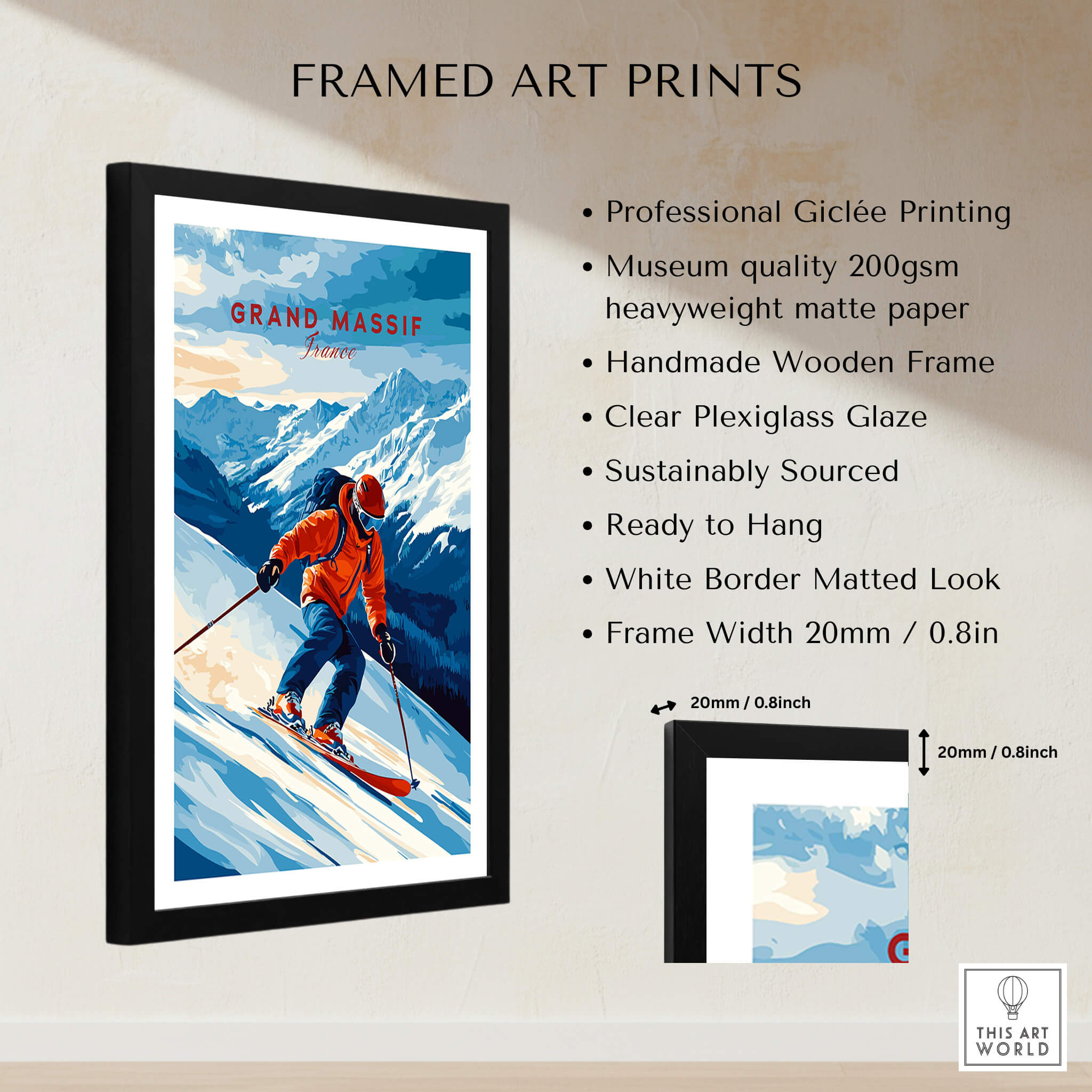 Ski Print Grand Massif France framed art print featuring vibrant colors of skiing in the French Alps.