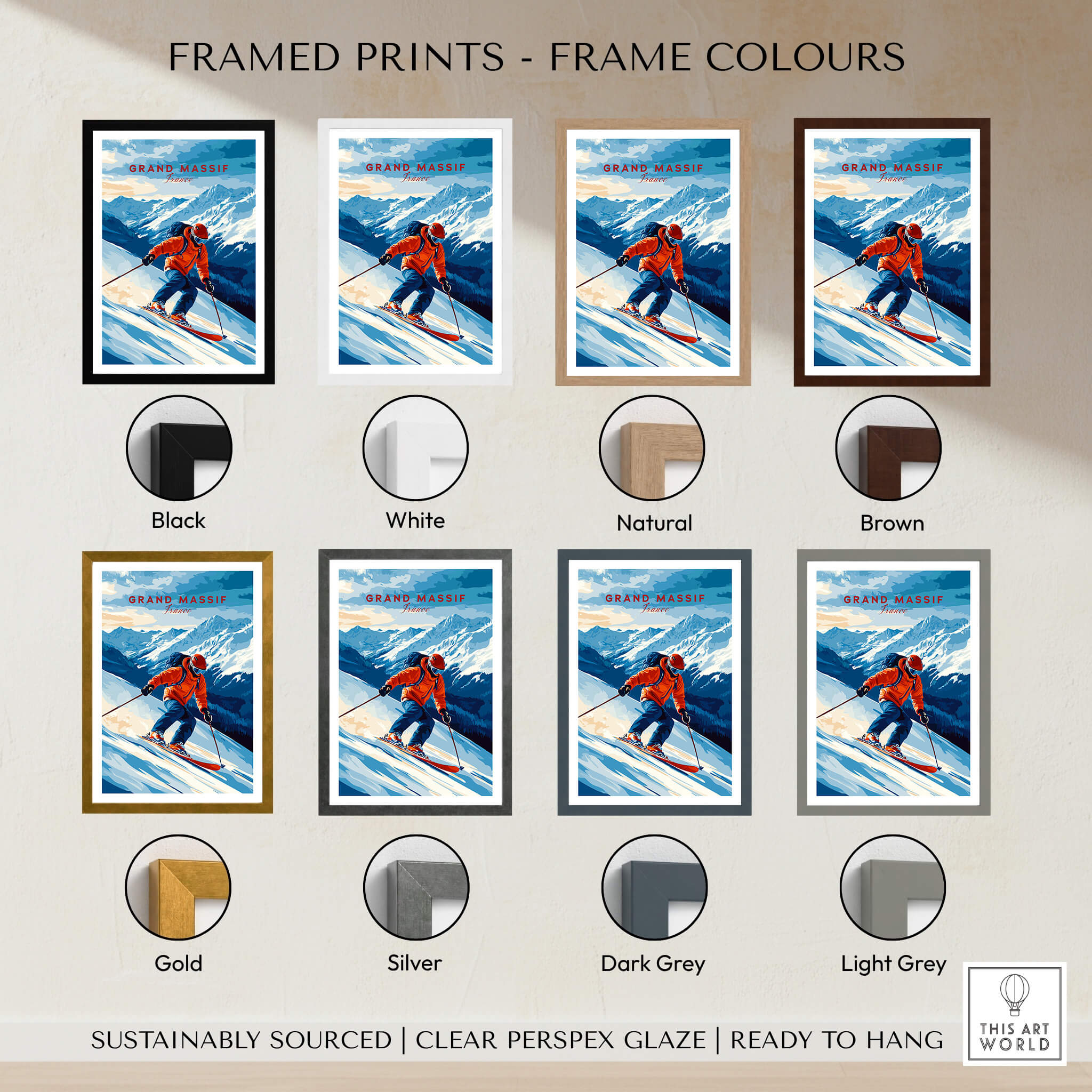 Ski Print Grand Massif France framed prints in various colors including black, white, natural, brown, gold, and silver.