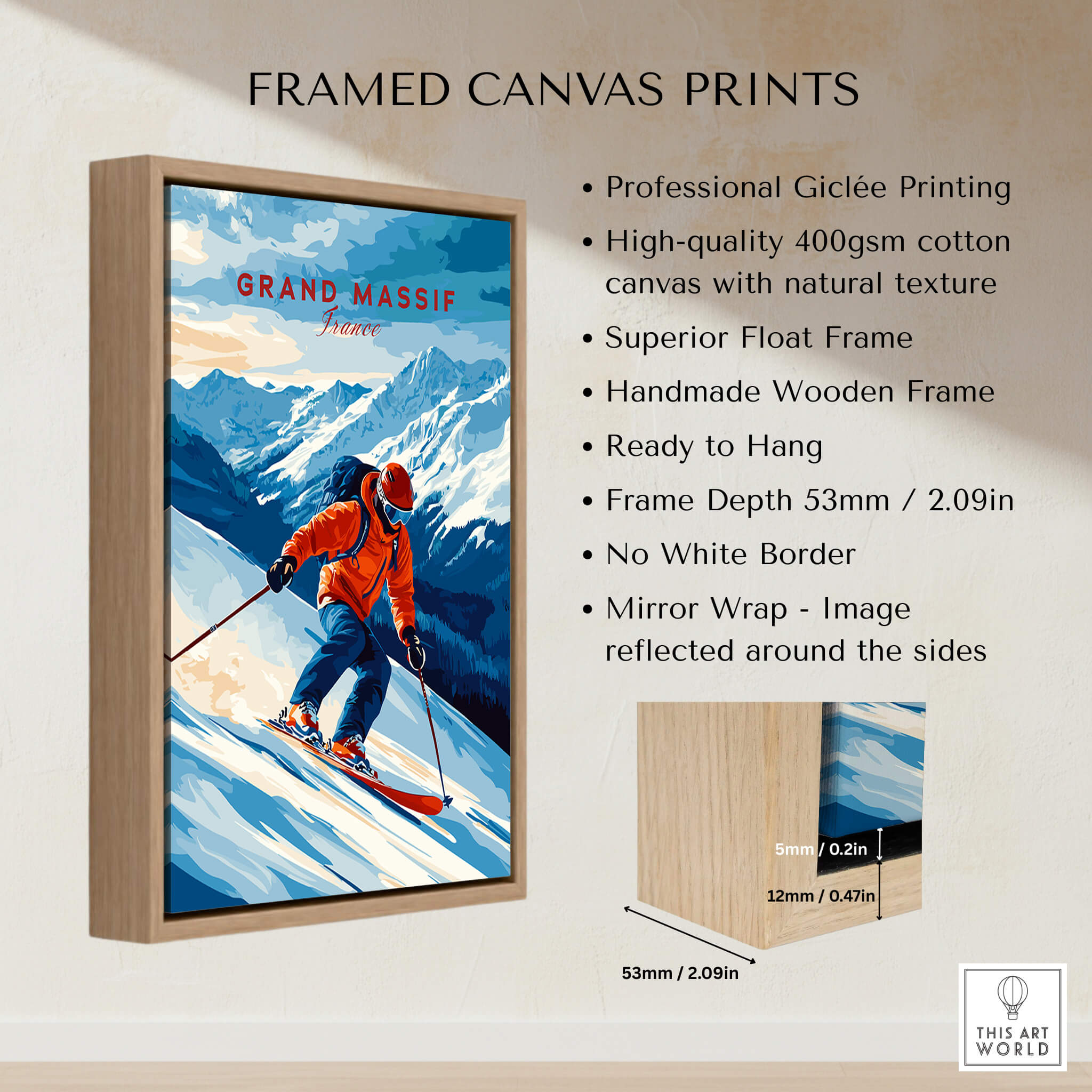 Ski Print Grand Massif France framed canvas print featuring skier in the French Alps.