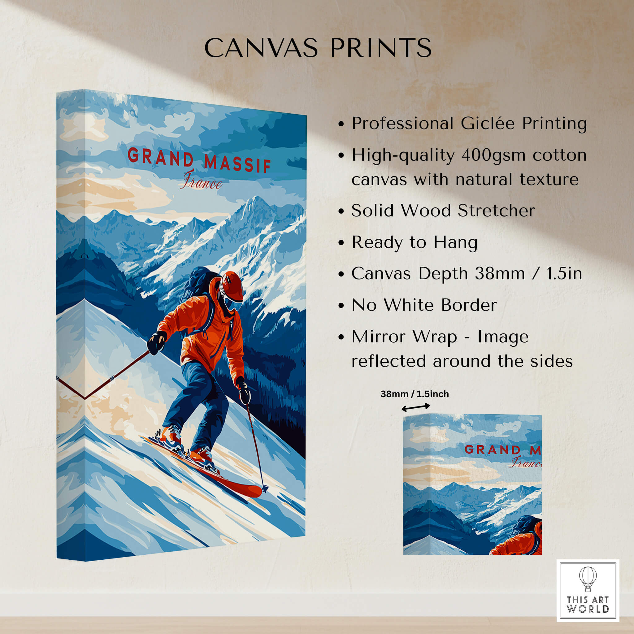 Ski Print Grand Massif France showcasing a skier on snowy mountains with vibrant colors and high-quality giclée printing.