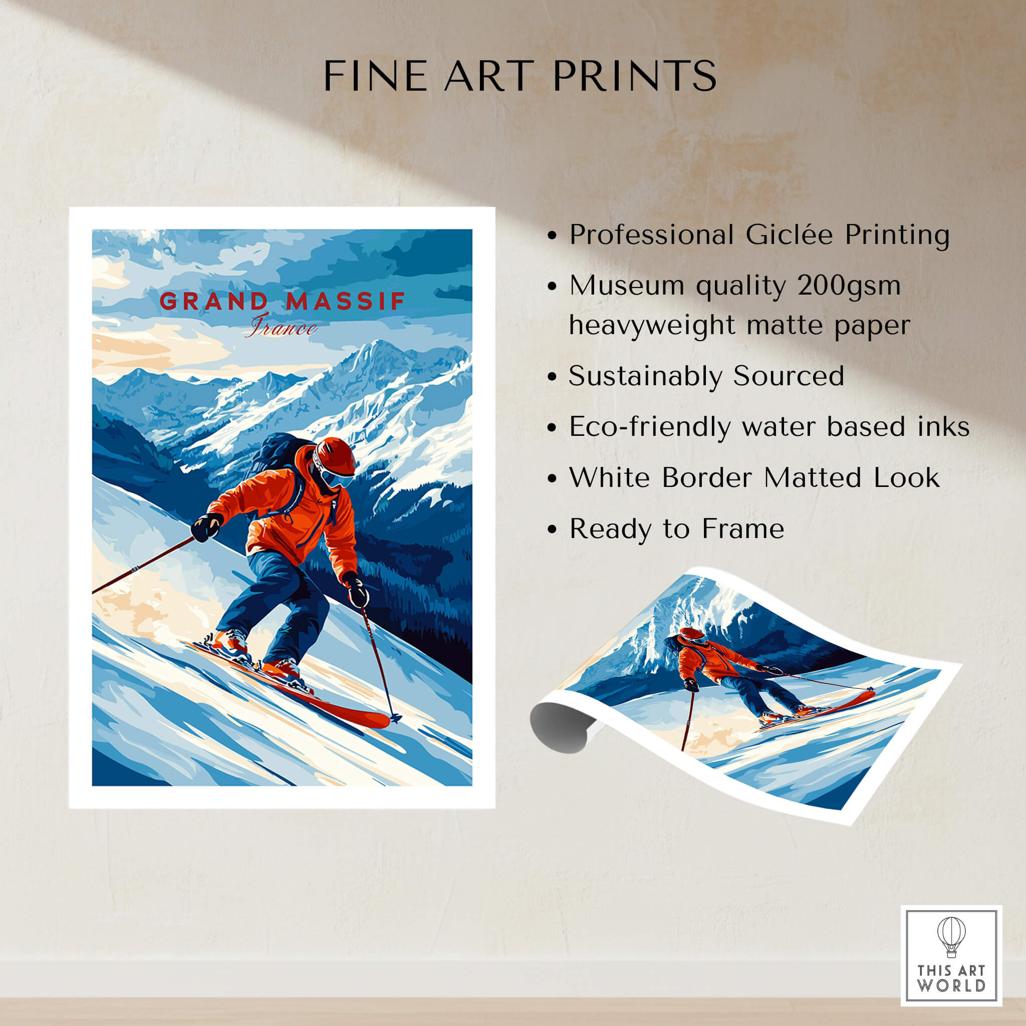 Ski Print Grand Massif France featuring a skier in the French Alps, perfect for home decor.