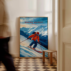 Ski Print Grand Massif France showcasing a skier on picturesque slopes in a stylish room setting.