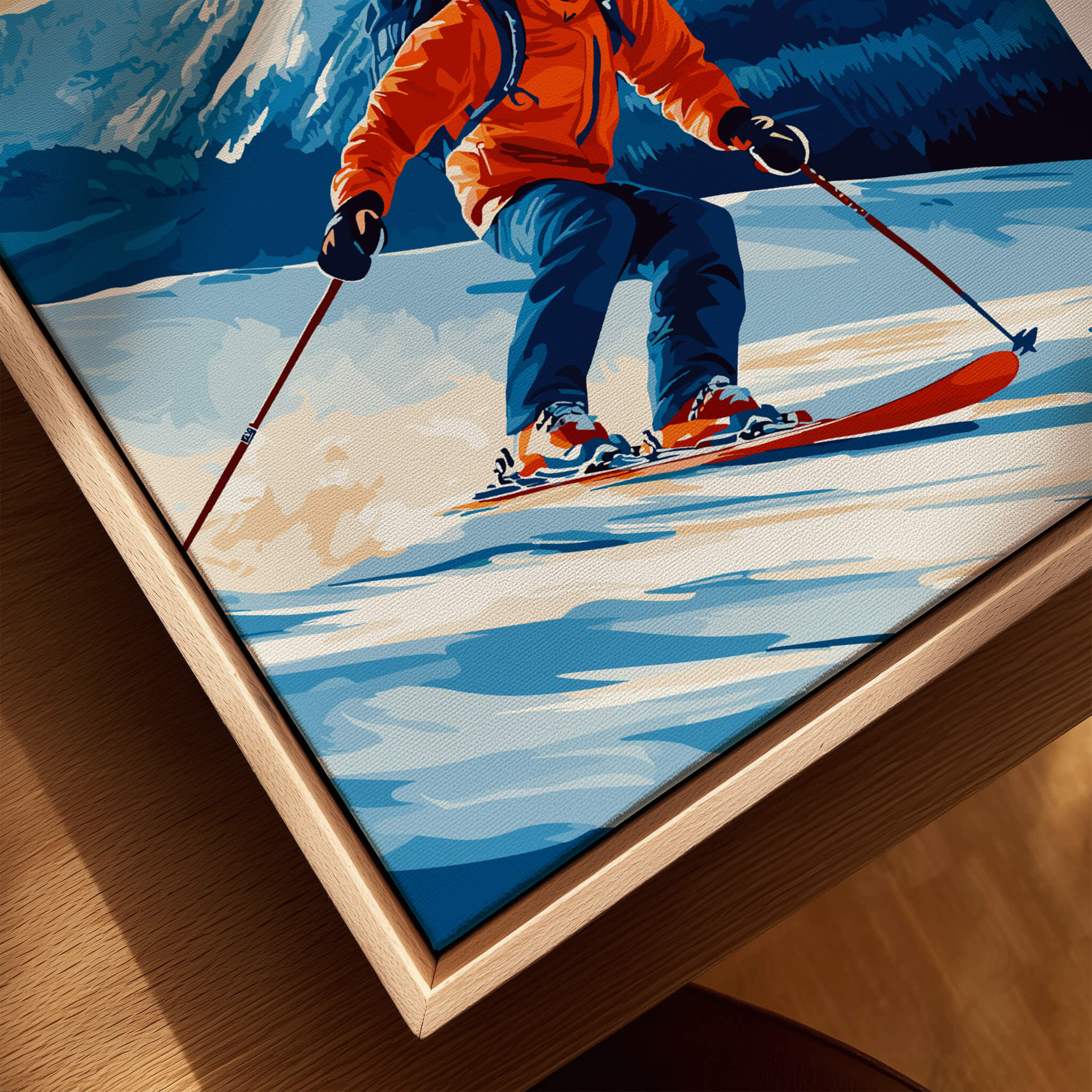 Ski Print Grand Massif France featuring a skier in an orange jacket on snowy slopes.