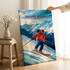 Ski Print Grand Massif France showcasing a skier in vibrant colors against stunning mountain scenery.