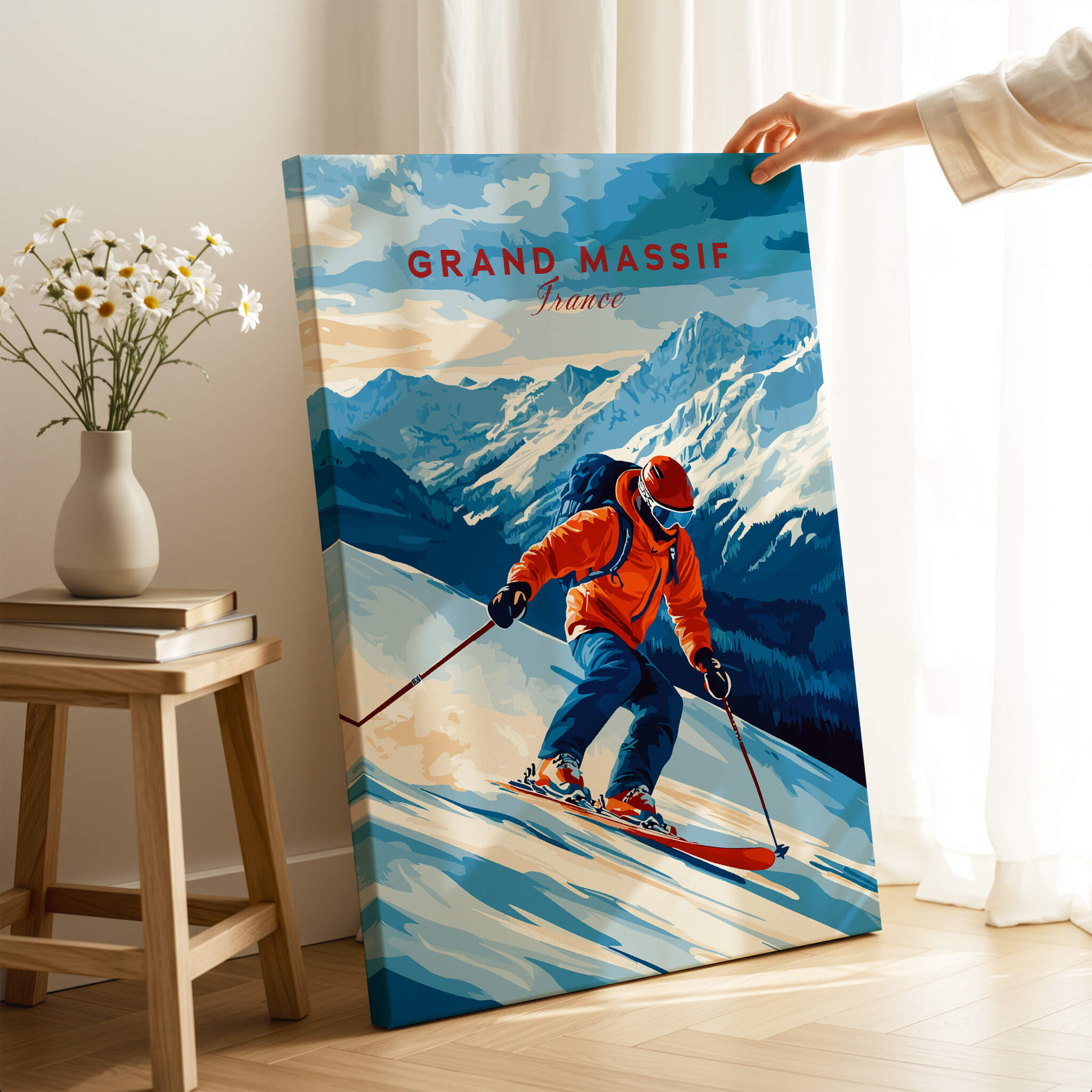 Ski Print Grand Massif France showcasing a skier in vibrant colors against stunning mountain scenery.
