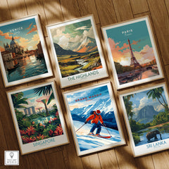 Ski Print Grand Massif France among vibrant cityscape prints including Venice and Paris.