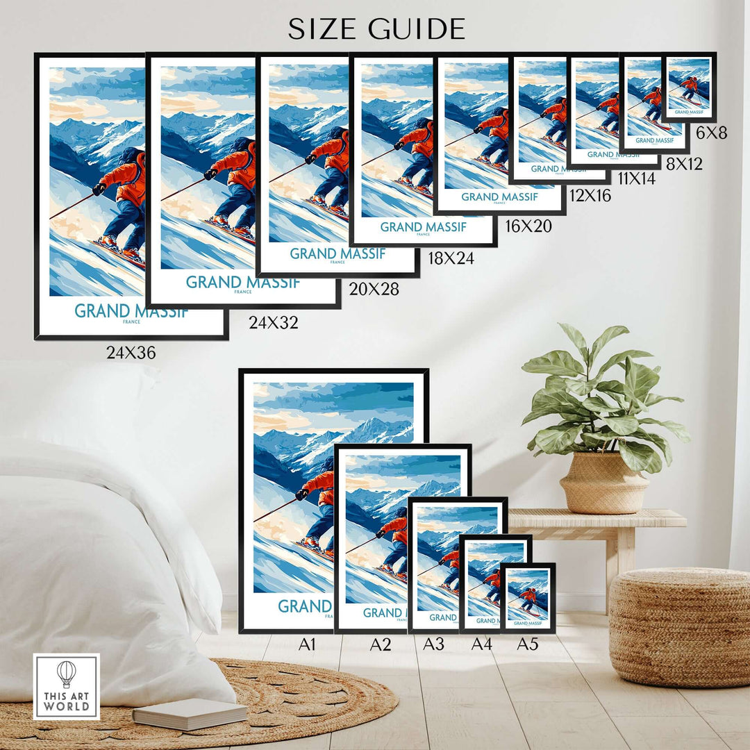 Size guide for Grand Massif ski poster, showcasing available sizes in a modern home setting.