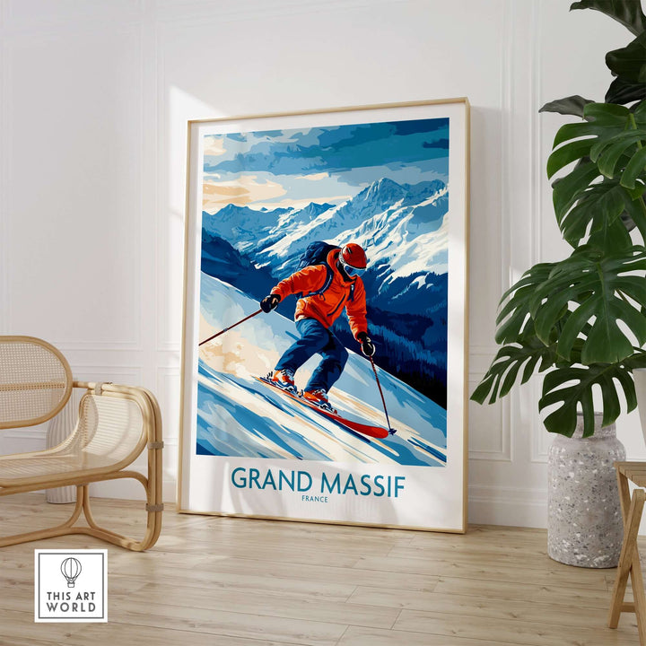 Stunning Grand Massif ski poster showcasing skier in action against majestic mountain backdrop, perfect for adventure lovers.