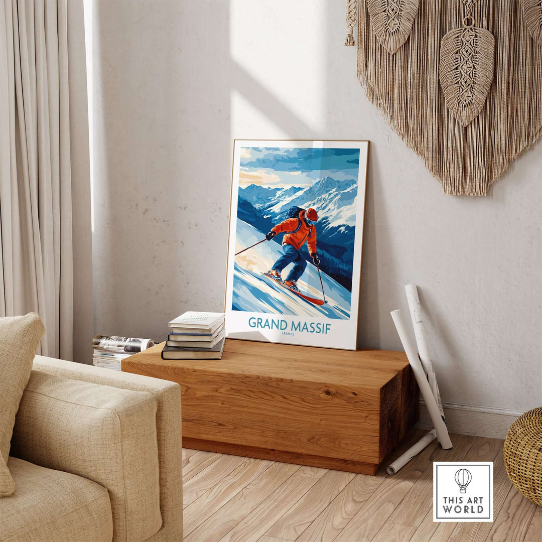 Grand Massif ski poster showcasing a skier against a mountain backdrop in a stylish home setting.