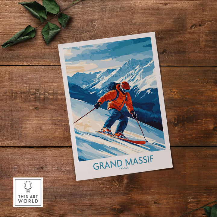 Grand Massif ski poster showcasing a skier on snowy mountains in France, capturing adventure and winter beauty.