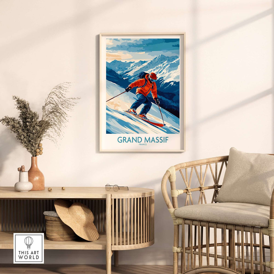 Grand Massif ski poster in a modern living room; vibrant mountains and skier depict adventure and beauty.