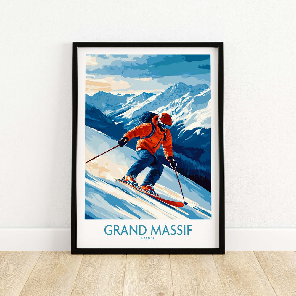 Grand Massif poster featuring a skier in stunning mountains of France, perfect for ski enthusiasts and adventure lovers.