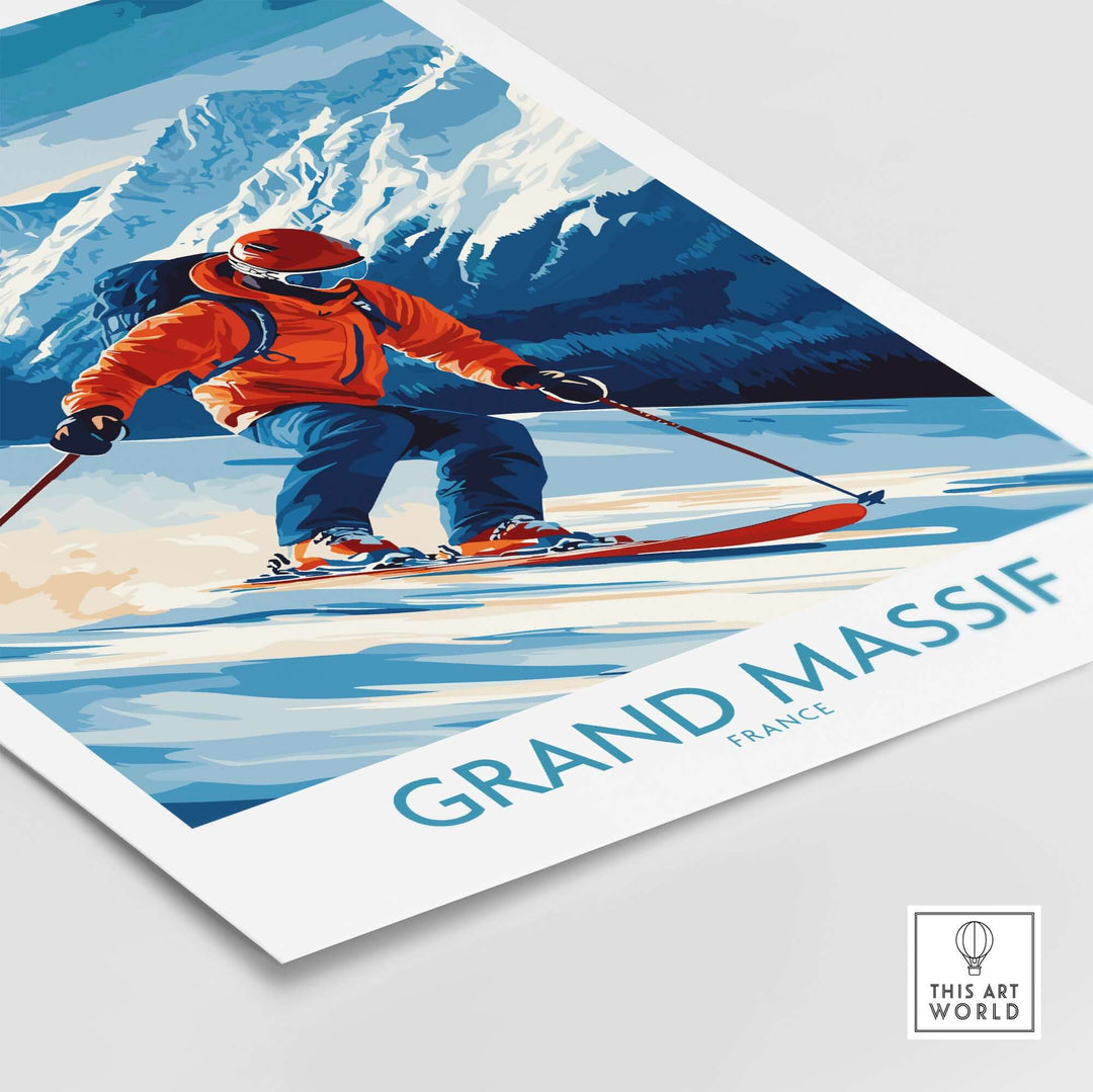 Grand Massif poster featuring a skier in orange attire against snowy mountains in France, perfect for adventure lovers.