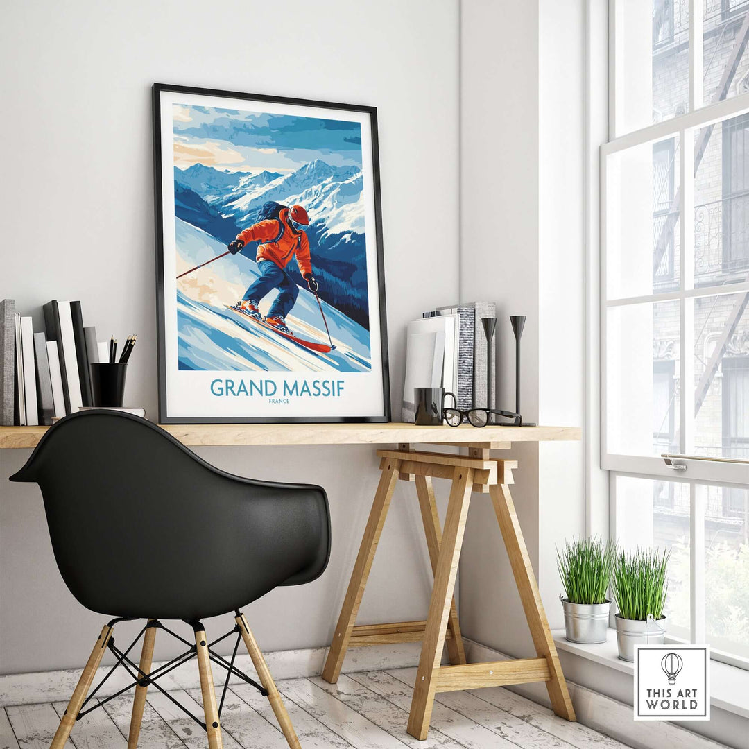 Stunning Grand Massif ski poster featuring a skier in vibrant colors, perfect for adding adventure to your home decor.