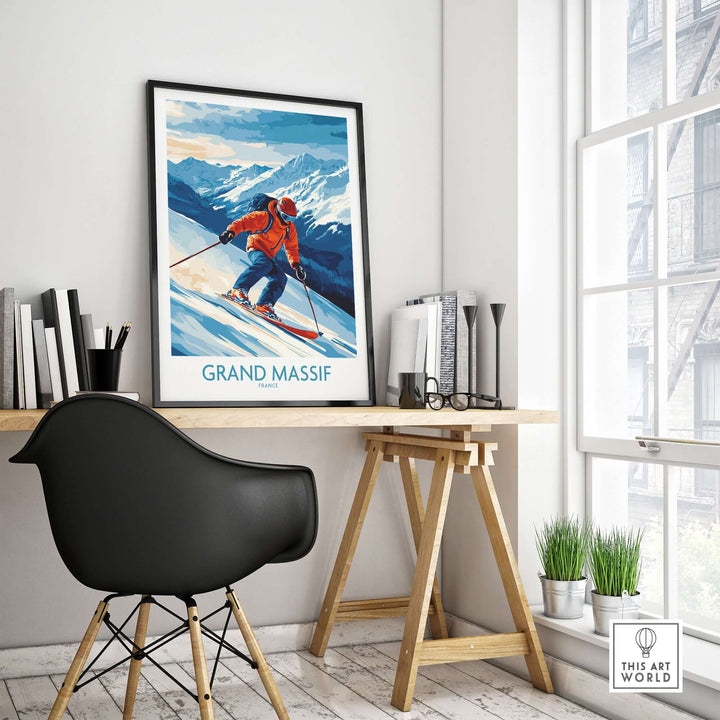 Stunning Grand Massif ski poster featuring a skier in vibrant colors, perfect for adding adventure to your home decor.