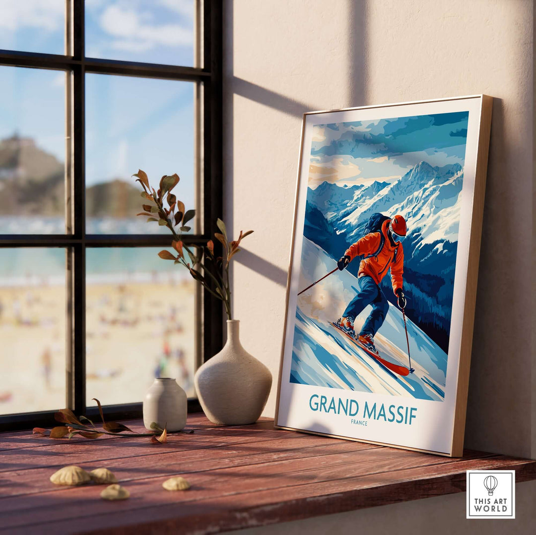 Grand Massif ski poster showcasing a skier in action against a mountain backdrop, perfect for any ski enthusiast.