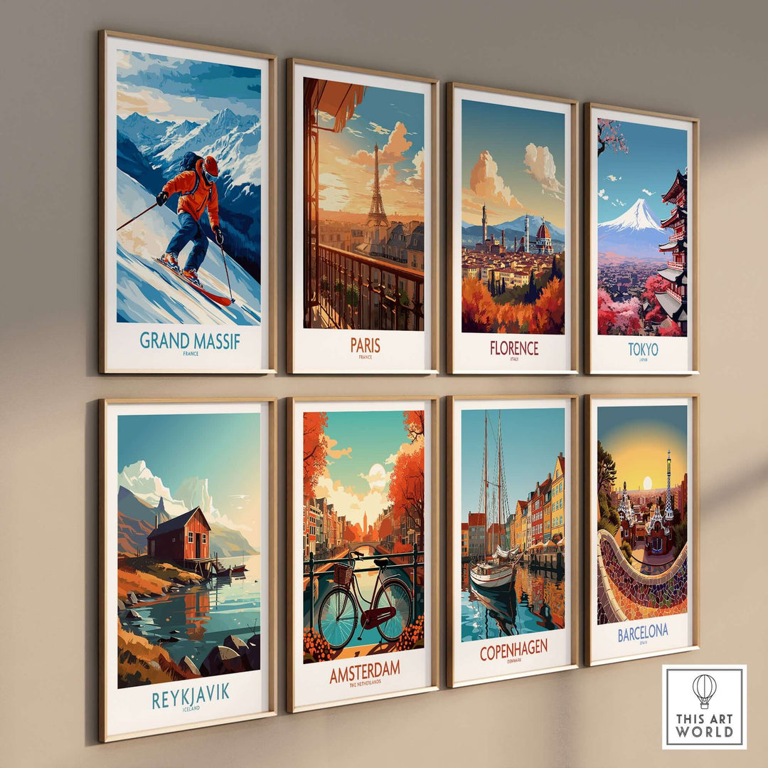 Collection of vintage travel posters featuring Grand Massif, Paris, Florence, Tokyo, Reykjavik, Amsterdam, Copenhagen, and Barcelona.