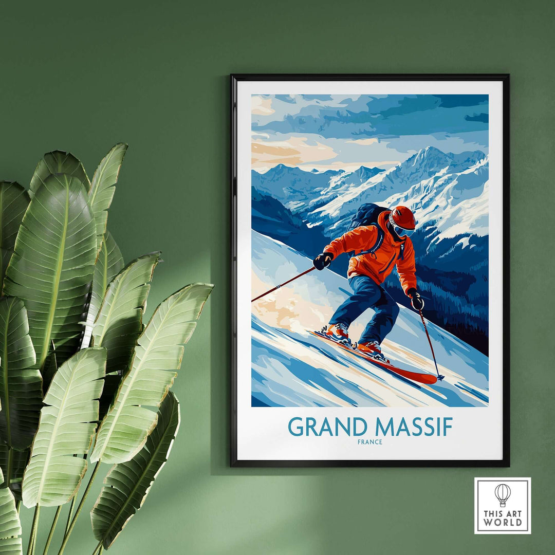 Grand Massif ski poster featuring a skier on snow-covered mountains in France, adding adventure to your home decor.