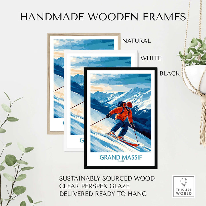 Handmade wooden frames for Grand Massif ski poster, available in natural, white, and black finishes.