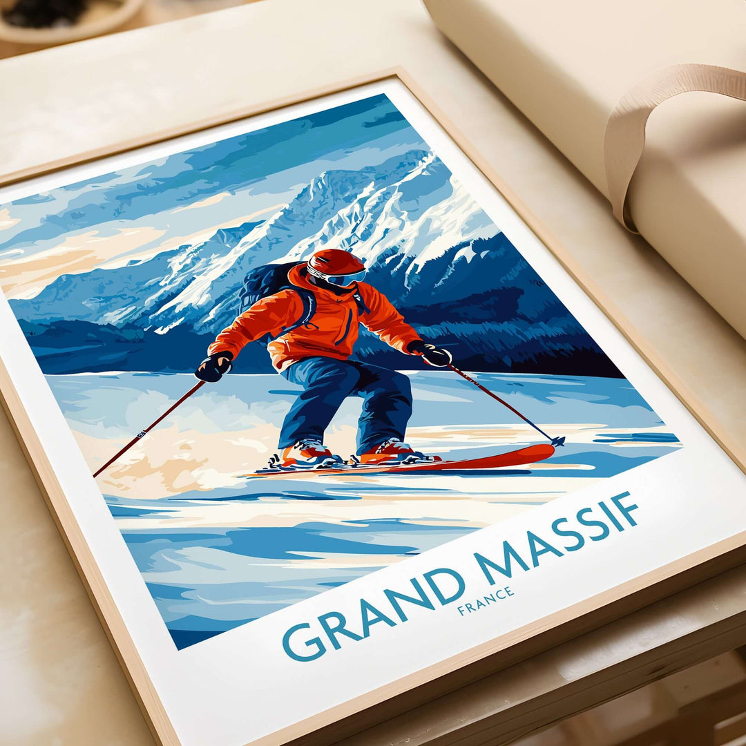 Stunning Grand Massif ski poster featuring a skier in a vibrant orange outfit against majestic mountain backdrop.