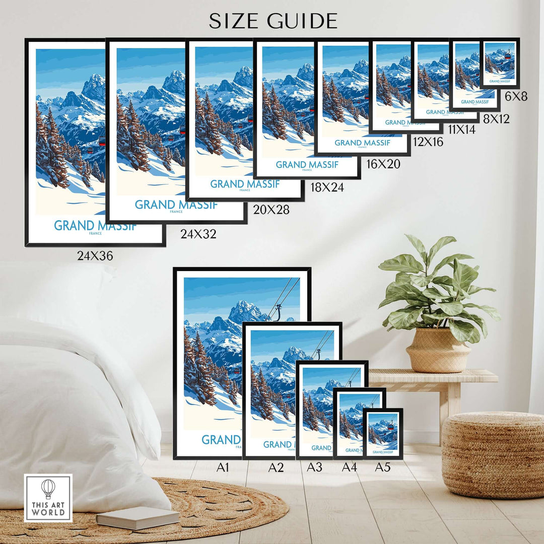 Size guide for Grand Massif ski poster showcasing various frame sizes and mountain scenery in a cozy room.