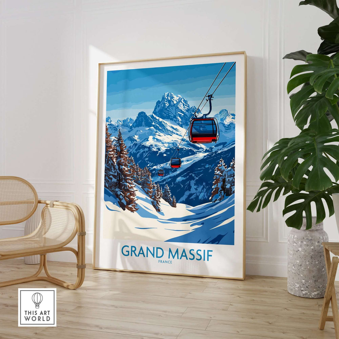 Grand Massif ski poster showcasing chairlifts and snowy mountains in a stylish home setting.