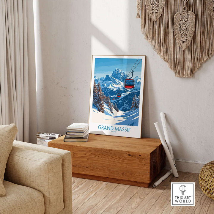 Grand Massif ski poster showcasing slopes and mountain views, perfect for ski enthusiasts and home decor.