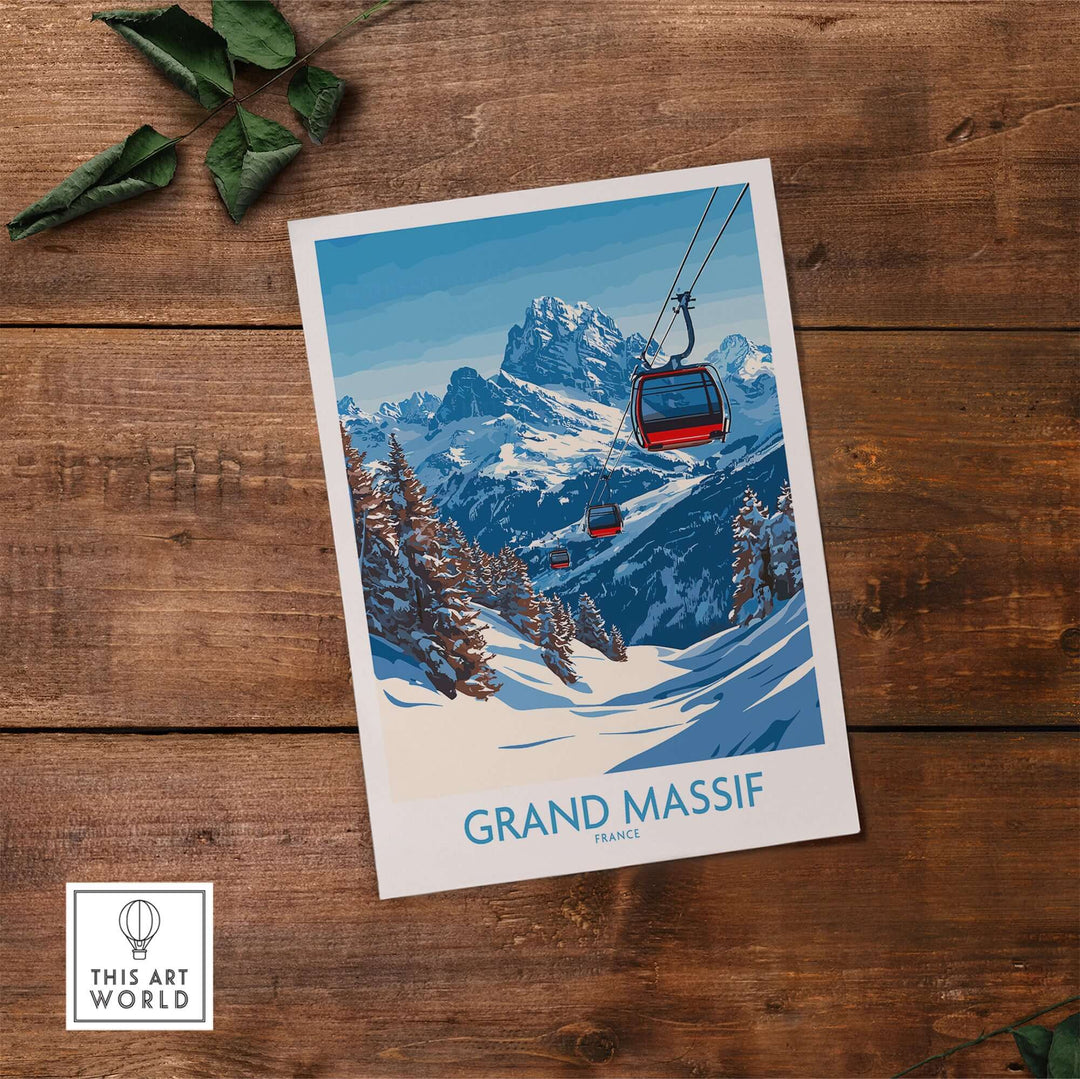 Grand Massif ski poster featuring ski gondola in snowy mountain scenery, perfect for ski enthusiasts.