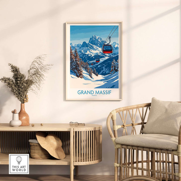 Grand Massif ski poster displayed in a cozy living room with scenic mountain backdrop.