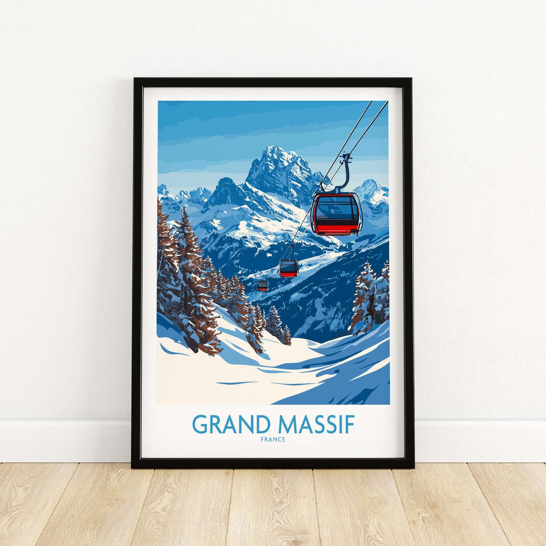 Grand Massif ski poster showcasing scenic slopes and gondola in the French Alps.