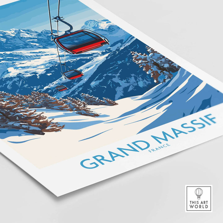 Grand Massif ski poster showcasing scenic slopes and gondolas in a winter landscape, perfect for ski enthusiasts.