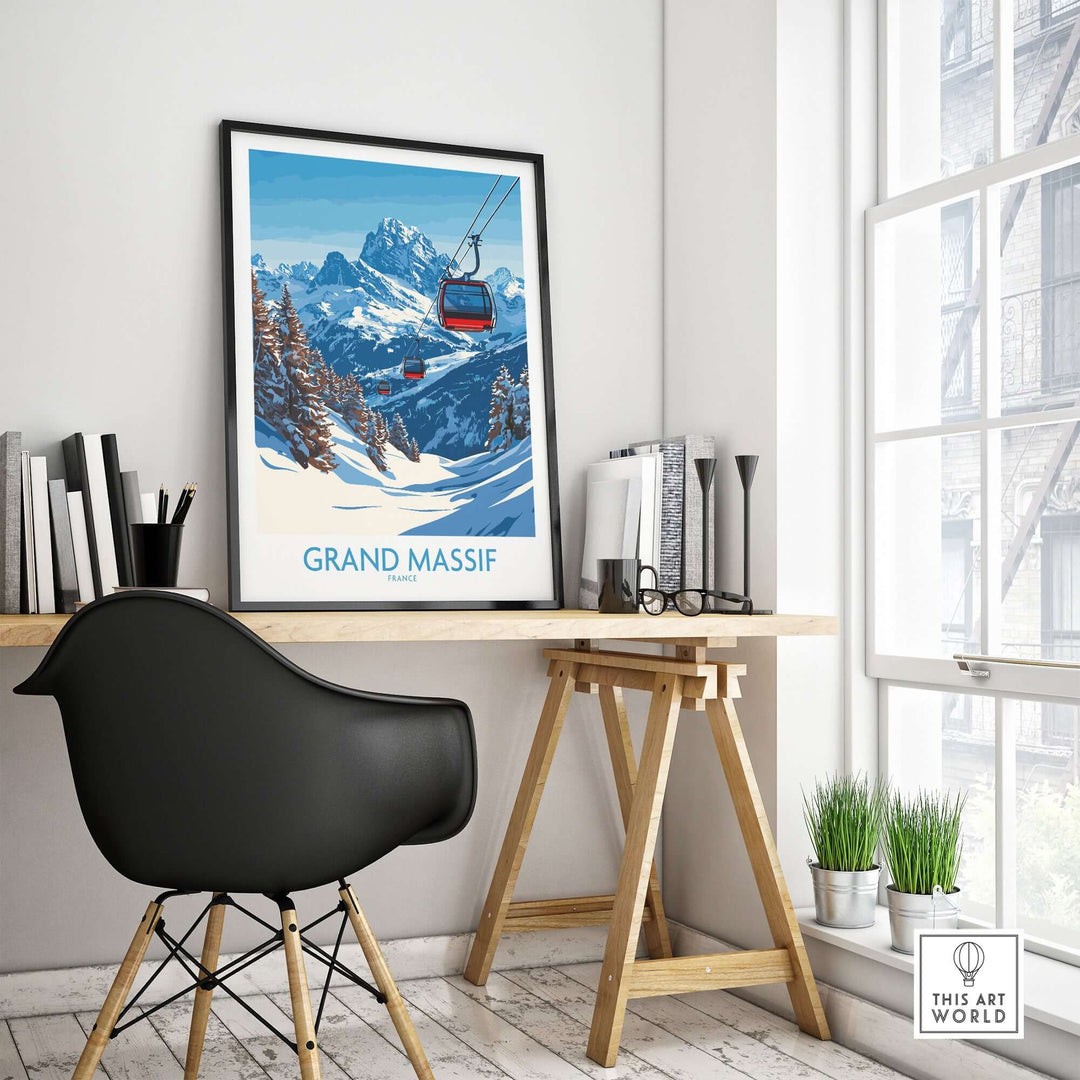 Grand Massif ski poster showcasing iconic slopes and stunning mountain scenery in a stylish home office setting.