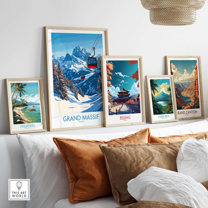 Grand Massif ski poster among decorative art prints showcasing stunning landscapes and travel destinations.