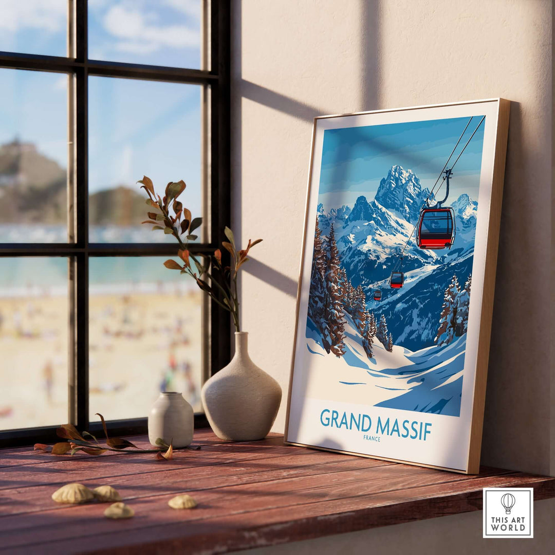 Grand Massif ski poster featuring a cable car and stunning mountain scenery in a cozy interior setting.