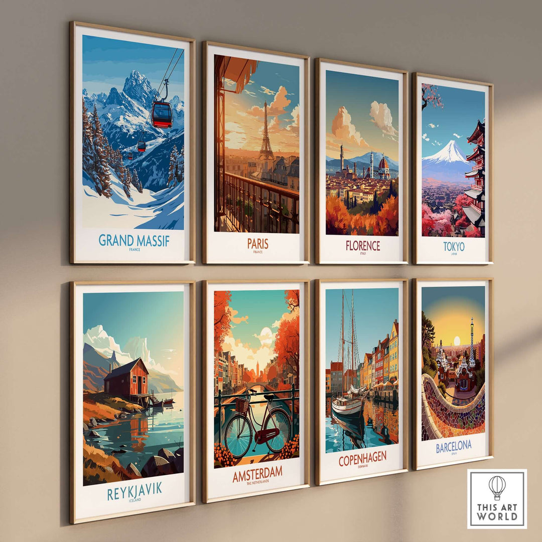 Collection of travel posters featuring Grand Massif, Paris, Florence, Tokyo, Reykjavik, Amsterdam, Copenhagen, and Barcelona.