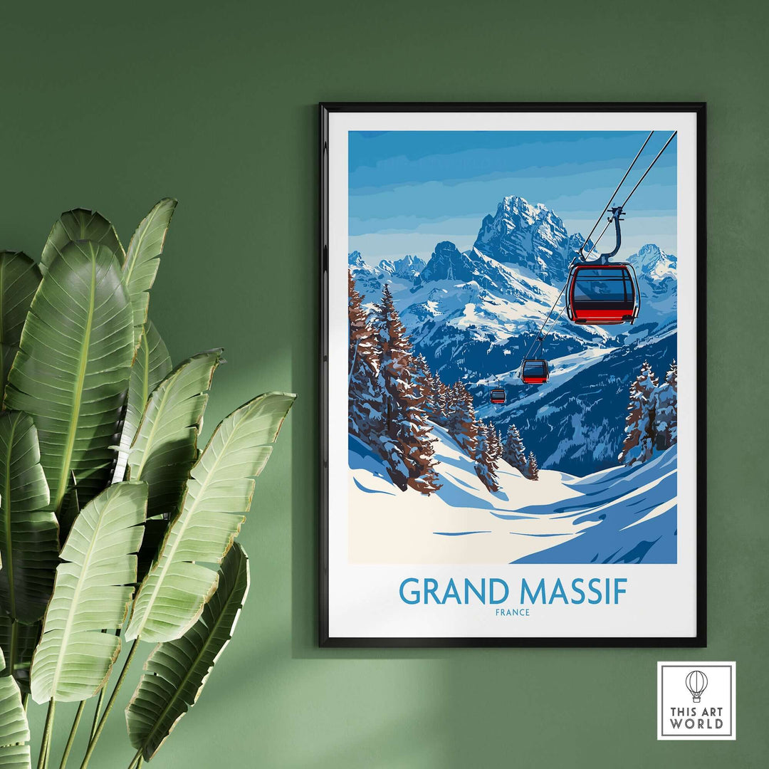 Grand Massif ski poster showcasing ski slopes, cable cars, and majestic mountains in a vibrant design.