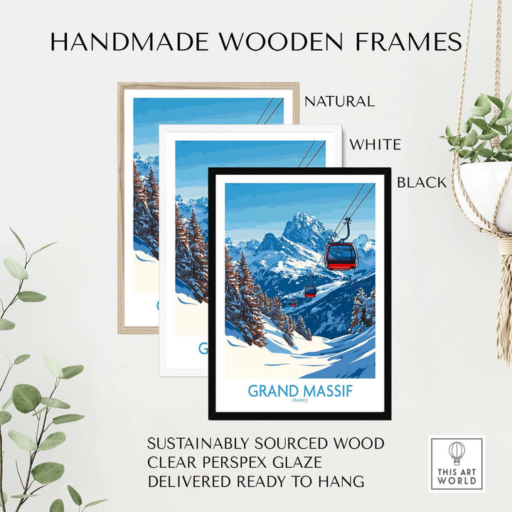 Handmade wooden frames for Grand Massif ski poster in natural, white, and black colors, ready to hang.