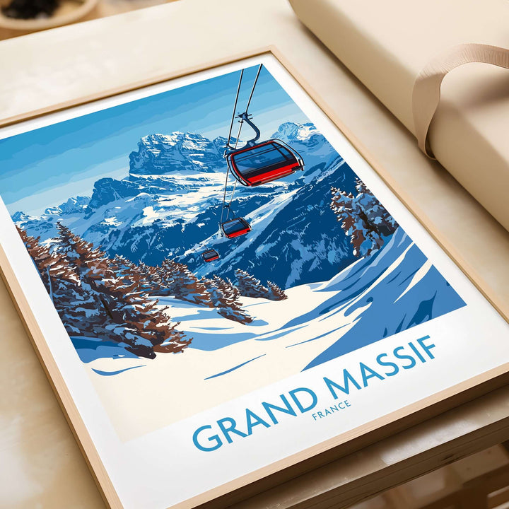 Grand Massif ski resort poster showcasing scenic slopes and gondolas in the French Alps.