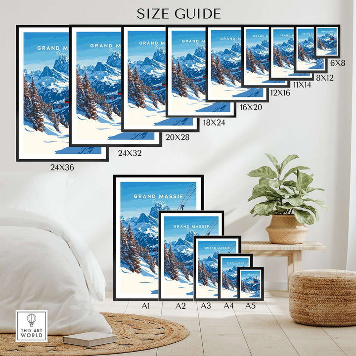 Size guide for Grand Massif Ski Print, showcasing various framed dimensions in a stylish interior setting.