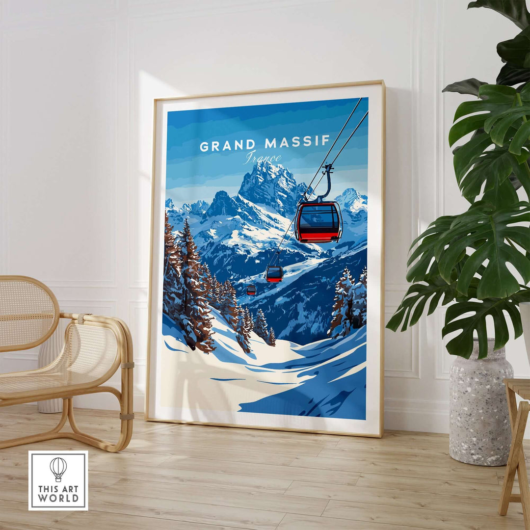 Grand Massif Ski Print featuring a scenic mountain range and ski gondola, perfect for ski enthusiasts.