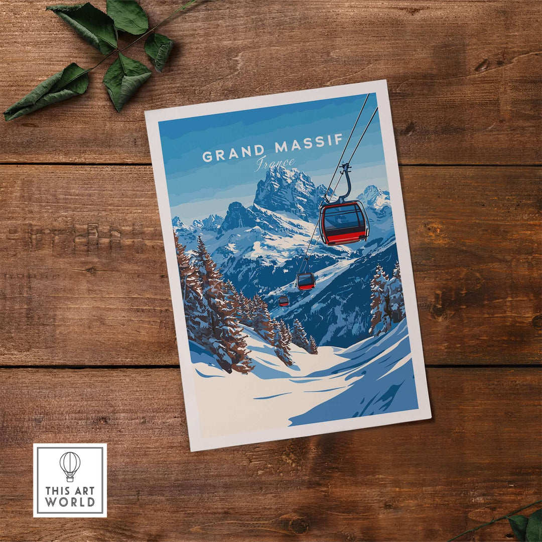 Grand Massif Ski Print featuring iconic mountain landscape and ski gondola against a blue sky.