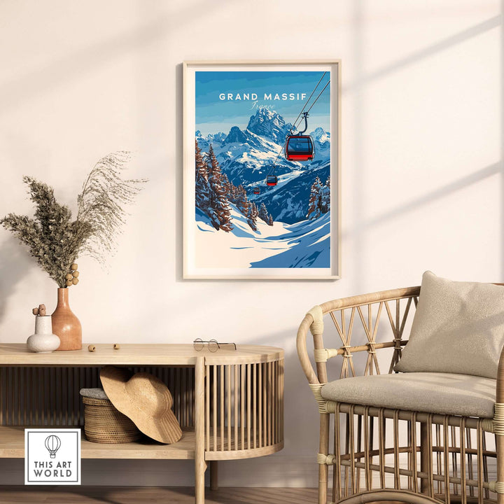 Grand Massif Ski Print featuring a ski gondola and majestic mountain scenery, perfect for ski enthusiasts.