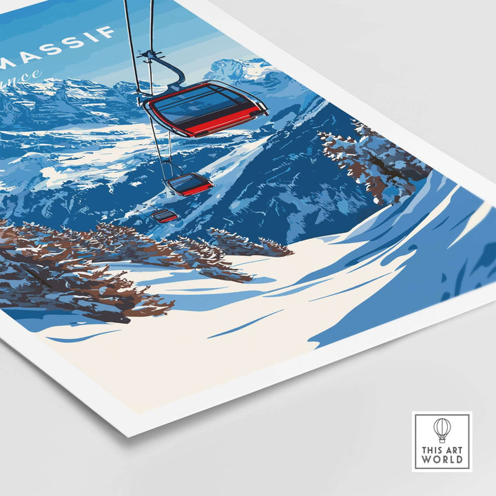 Grand Massif Ski Print featuring a ski lift, snowy mountains, and trees, perfect for skiing enthusiasts.