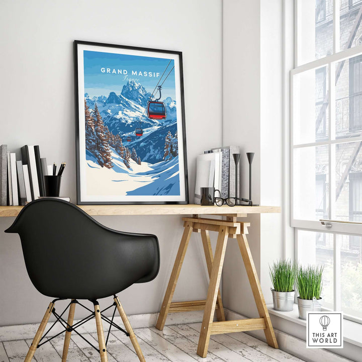 Grand Massif Ski Print featuring a mountain view and gondola, perfect for ski enthusiasts to inspire adventure.